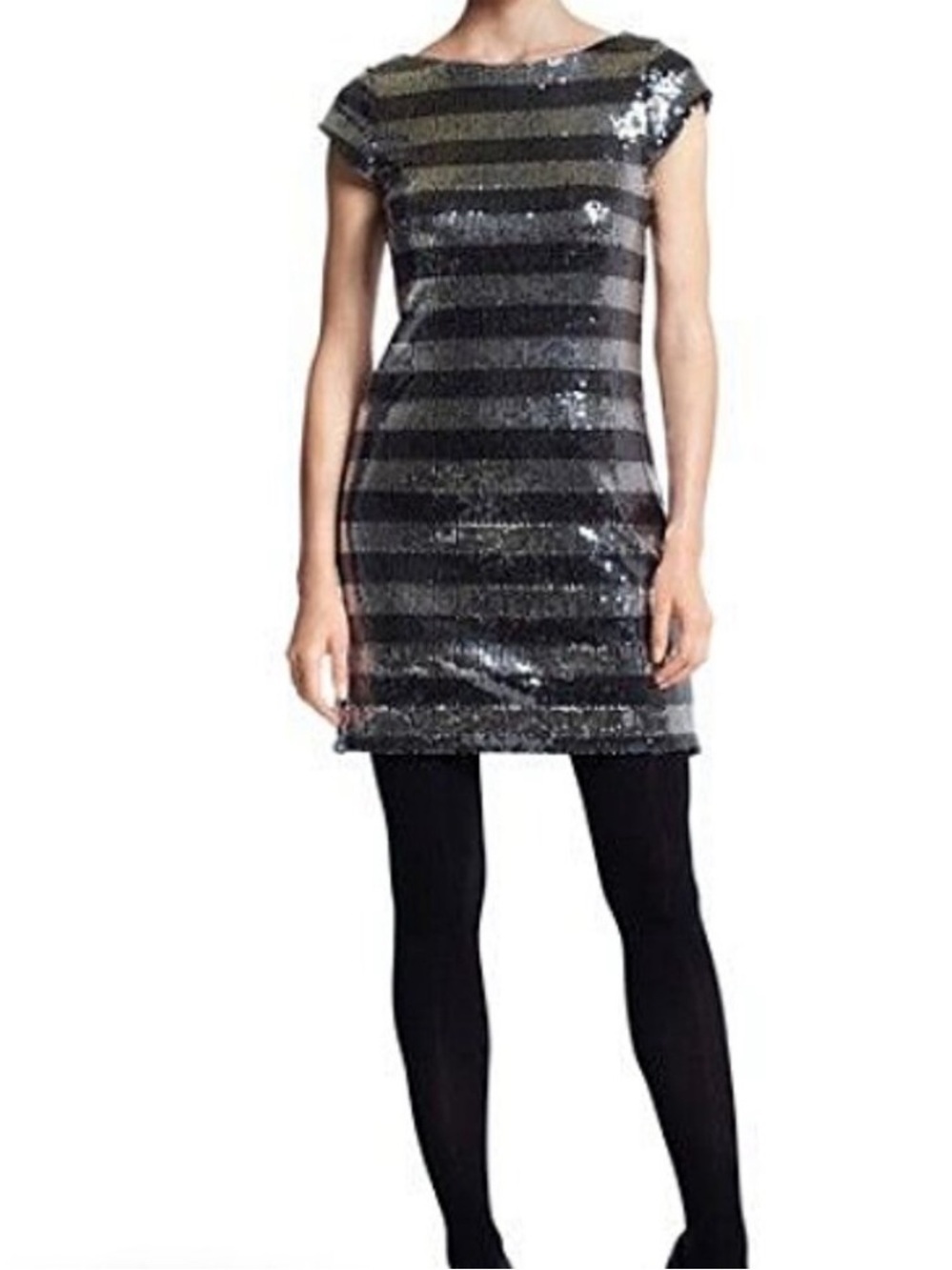 White House Black Market Black and Silver Striped Sequin Sheath Dress